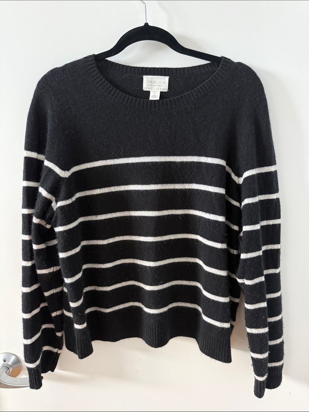 Caslon Black Cashmere Crewneck Sweater with White Stripes